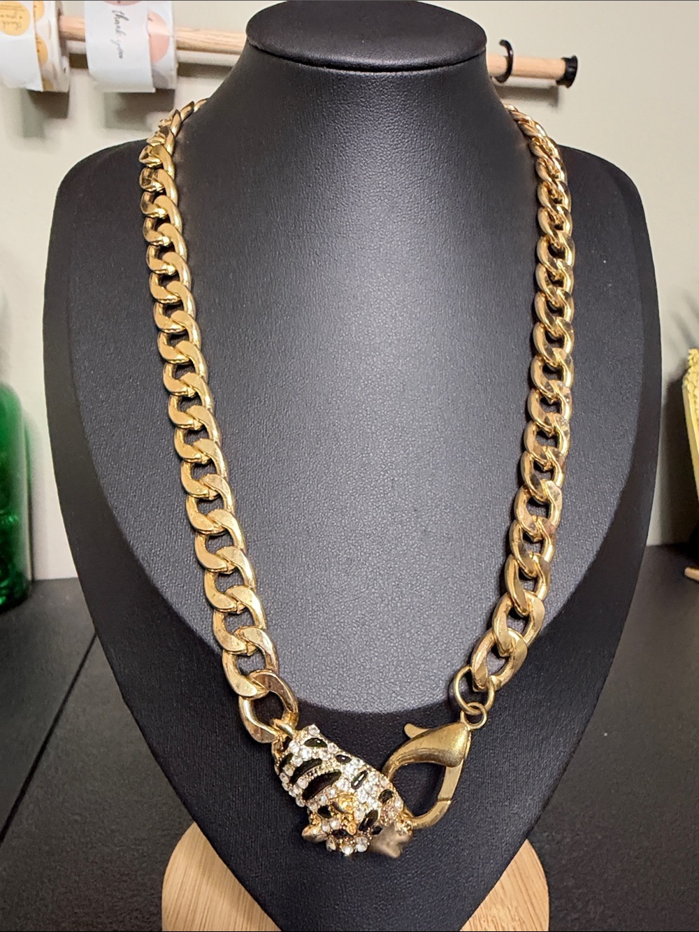 Gold-Tone Cuban Link Rhinestone Leopard Statement Chunky Necklace